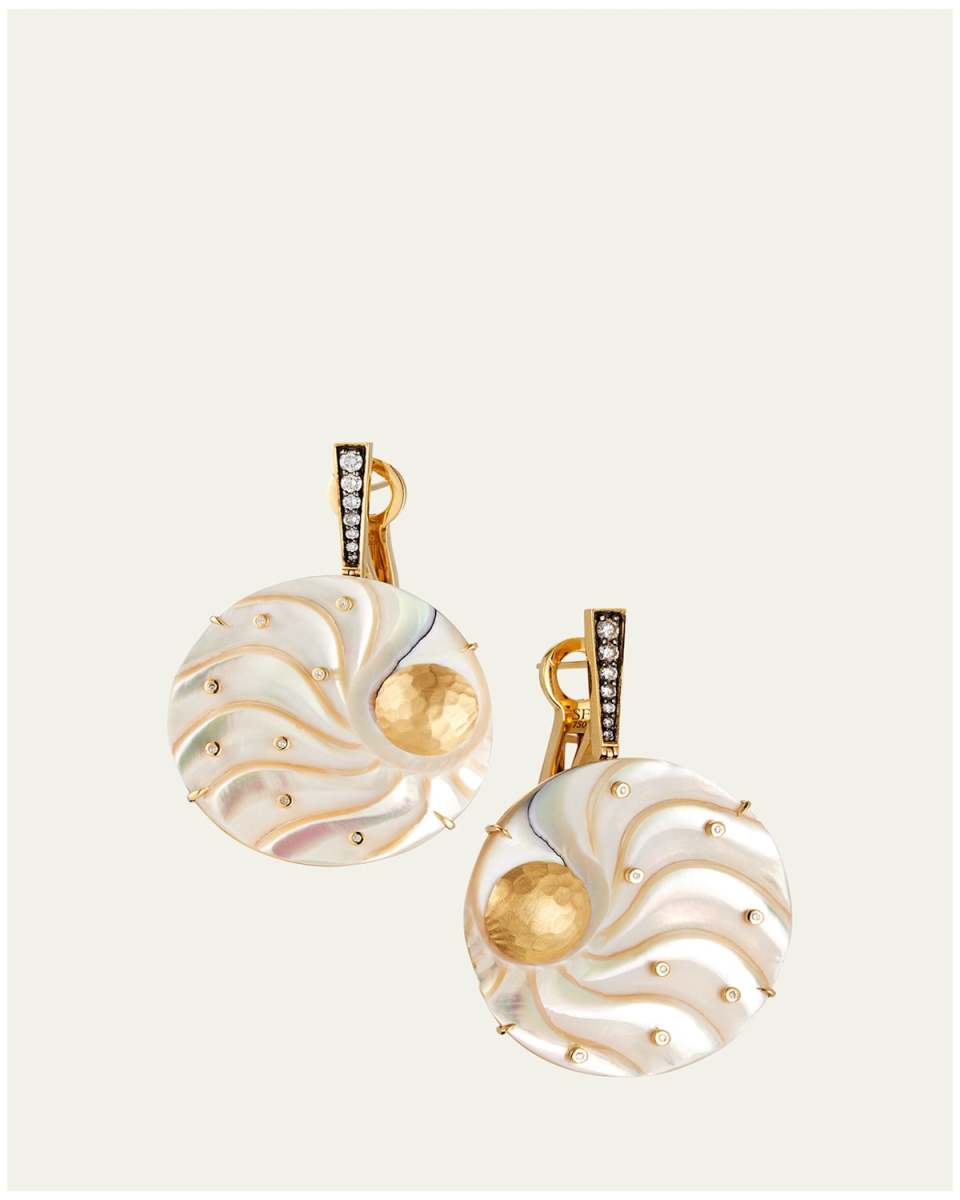18K Yellow Gold Nautilius Shell Earrings with Diamonds